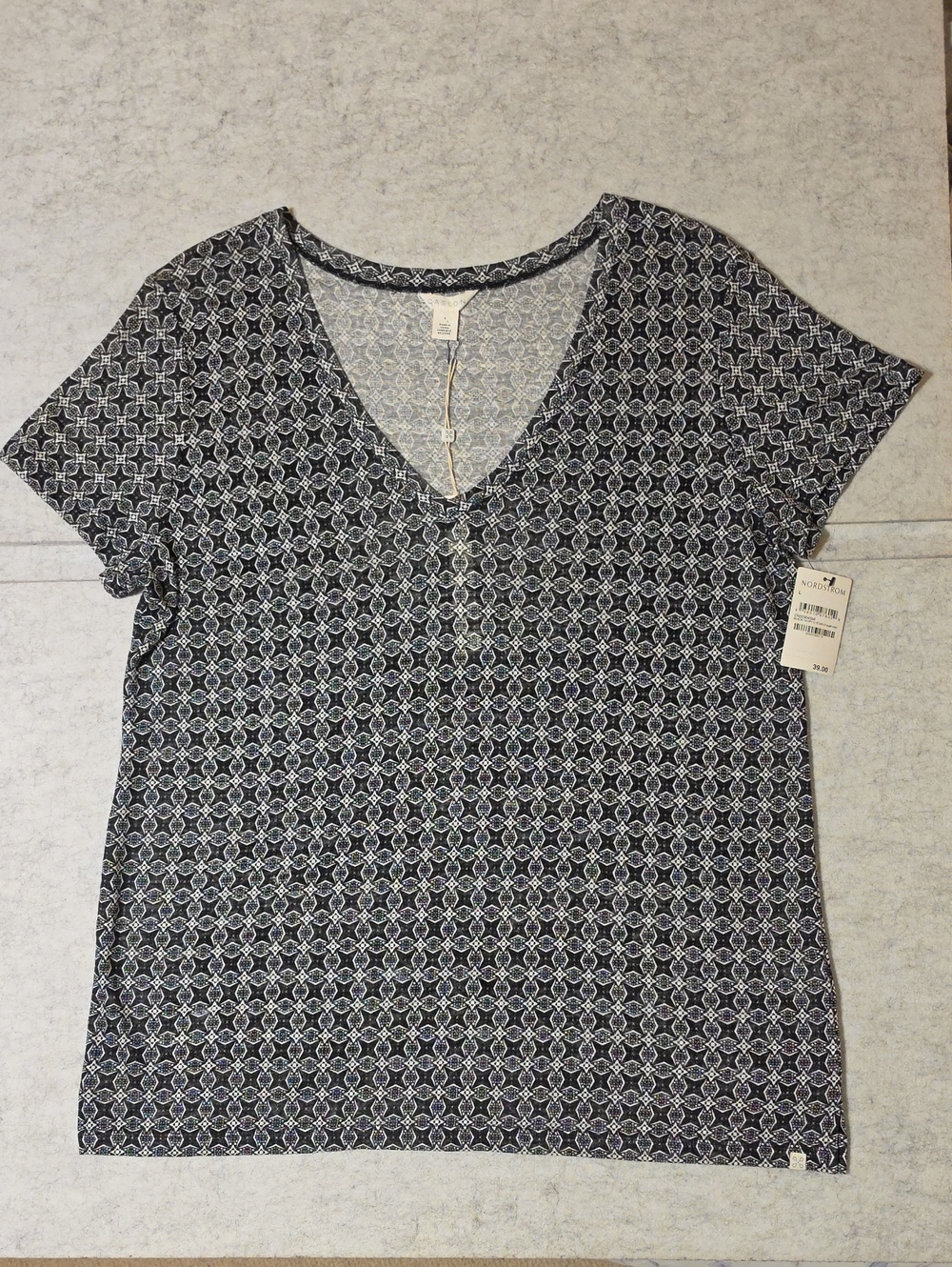 NWT Caslon Nordstrom 100% Linen V-Neck Tee Large Black Ivory Geometric Star Top